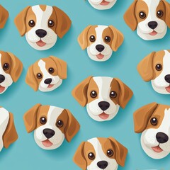 Seamless pattern of adorable dog faces with floppy ears and playful expressions on a bright blue background, perfect for pet-themed designs.