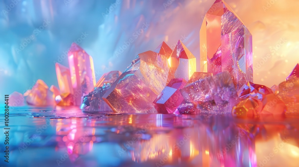 Poster vibrant and colorful crystal formations reflecting light, creating a stunning visual spectacle in a 