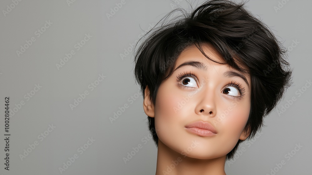 Wall mural Young woman with short black hair looking up and thinking.