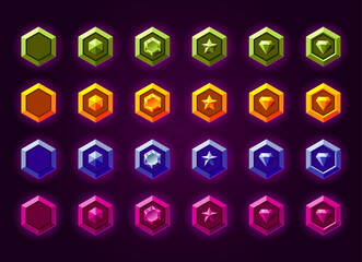 Vibrant colorful metallic level rank badges bundle. Green, yellow, blue, pink colors. Award and progress.