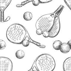 Vector seamless pattern with pickleball equipment. Pattern with balls and rackets in sketch style.