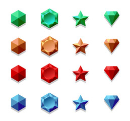 Colorful game objects assets set. Diamond, star, gemstone. Item symbols for games. Medieval, scify, fantasy, rpg. Green, brown, red, blue.