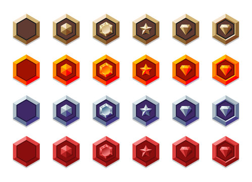 Colorful metallic level rank badges bundle. Wood, woody, wooden, bronze, cooper, gold, silver, magic materials. Fantasy, medieval symbols. Diamond, star, gemstone.