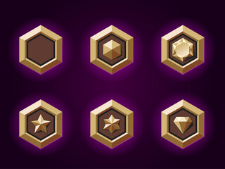 Metallic badges set for games. Metal arank badges emblems. Metallic style. Diamond, gemstone, star objects.