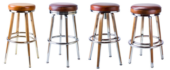 Set of stylish bar stools on transparent background. Bar furniture concept.