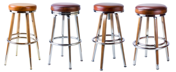 Set of stylish bar stools on transparent background. Bar furniture concept.