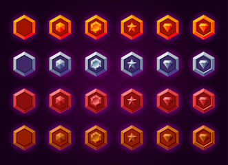 Metallic level rank badges collection. Diamond, star, gemstone. Wood, woody, wooden, bronze, cooper, gold, silver, magic materials. Fantasy, medieval symbols.