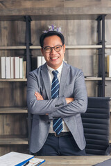 Portrait happiness businessman smiling face confident leader manager in modern city. Asian man handsome success look at camera professional manager. Men standing in suit handsome CEO leader business