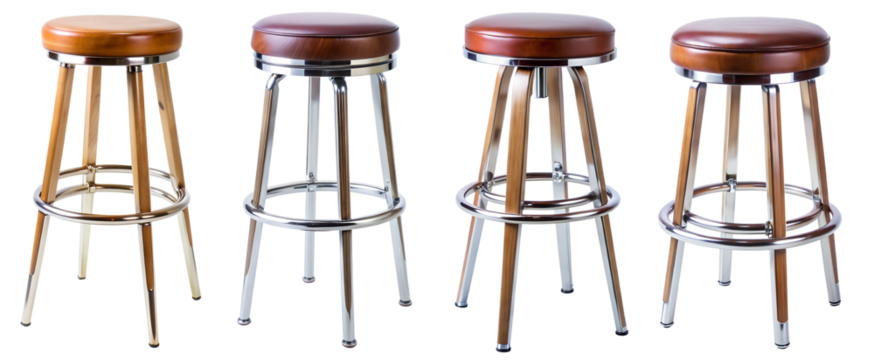 Set of stylish bar stools on transparent background. Bar furniture concept.