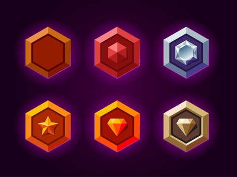 Metallic level rank badges set. Diamond, star, gemstone. Wood, bronze, gold, silver, magic materials.