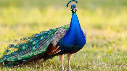 Obraz premium Colorful peacock displaying its stunning feathers in a natural setting.