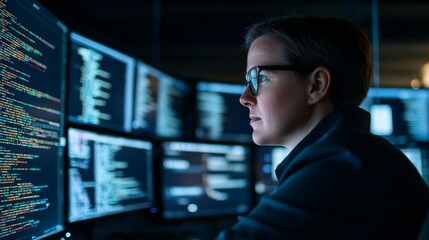Fototapeta premium Female programmer working intently on computer screens with code at night.