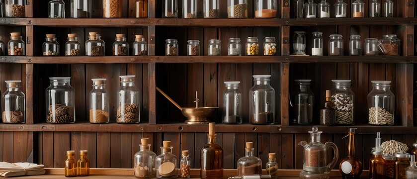 A detailed Victorian apothecary shop, with wooden shelves full of glass jars and potions, an apothecary carefully preparing remedies, vintage medicine, intricate environment