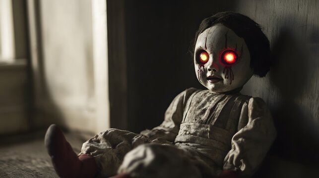 14. A possessed doll figure with glowing eyes and cracks in its face sitting in a dark corner