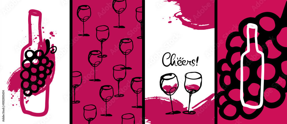 Poster template with hand drawn glasses, wine bottles and bunch of grapes. simple shapes. background for ba