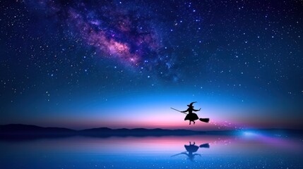 Naklejka premium Witch Flying on Broomstick Under Starry Sky