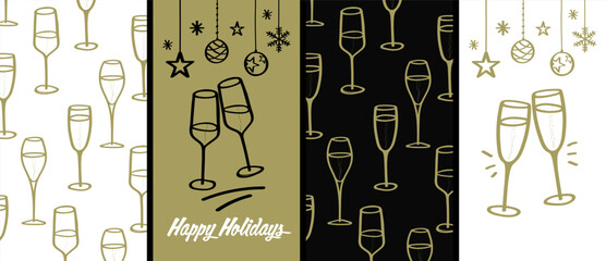 Set of cards with hand drawings of champagne glasses and Christmas party decorative elements. Vector illustration
