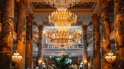 Obraz premium Elegant Hotel Lobby with Stunning Chandeliers