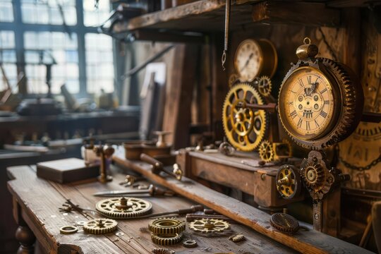 A detailed Victorian clockmaker s workshop
