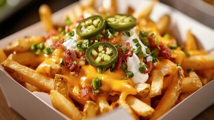 Loaded fries with cheese, jalapenos, and sour cream, served in a white paper tray.