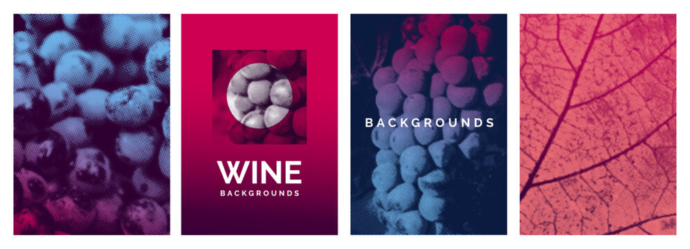 Template for presentation cover, brochure, poster, banner. Background image of grapes and vine leaf with vector halftone effect. Ideal for wine designs.