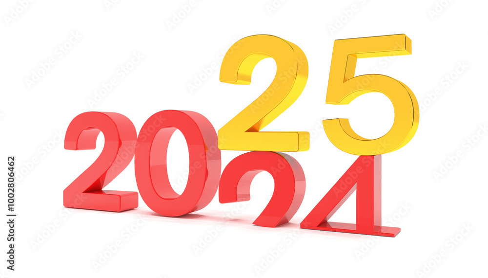 Aufkleber 3d render of the numbers 2025 and 24 in red and gold over white background. the number 25 falls on t