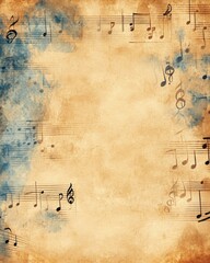 Artistic vintage backdrop featuring musical notes and watercolor stains on beige paper