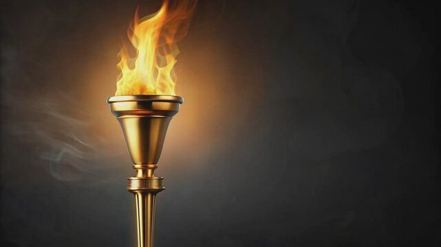 A golden torch with flames and smoke against a dark background