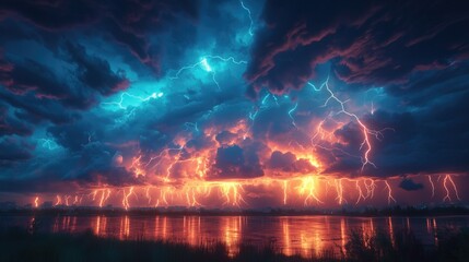A stormy sky with multiple cloud to ground lightning strikes