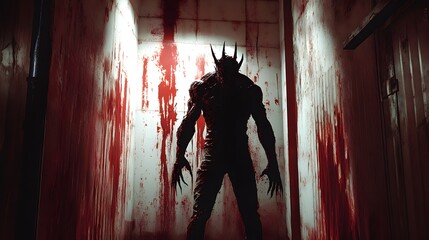 15. A horror figure with sharp claws and a torn mask standing in a blood-splattered room