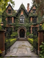 Fototapeta premium A grand Victorian mansion exterior with ivy-covered walls, iron gates, and lush gardens, capturing the grandeur of the era, vintage architecture, timeless elegance