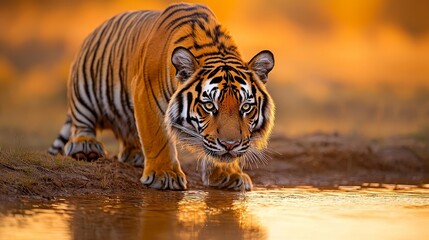 Fototapeta premium Tiger walking near water at sunset, vibrant colors and clear details.