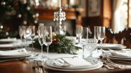 A lavish Victorian dining room set for a grand dinner, with crystal glasses, silverware, and a large centerpiece, vintage high society gathering, opulent living