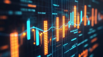 Abstract digital financial data visualization with vibrant graphs on dark background.