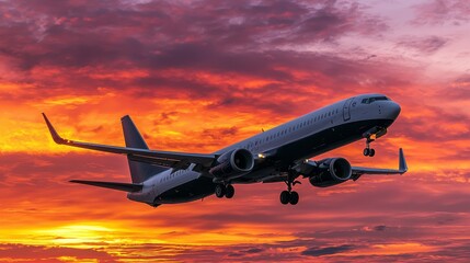 Airplane flying against a vibrant sunset background.