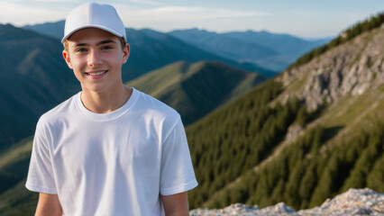 Teenage boy wearing white t-shirt and white baseball cap standing on a mountain