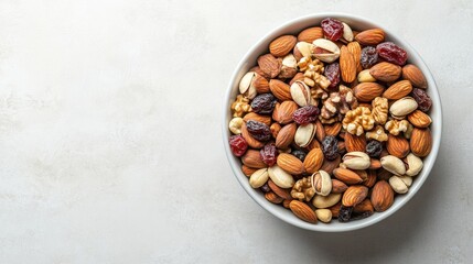 Overhead shot of a bowl of mixed nuts and dried fruits on a light background. Copy space.