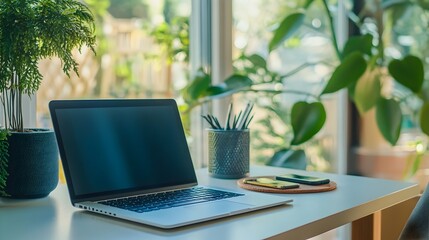 Fototapeta premium Startup Workspace in Peaceful Home Office with Laptop and Phone on Clean White Desk