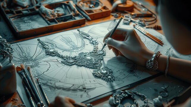 Close-up of a designer sketching a jewelry piece with intricate details, showcasing artistry and craftsmanship in jewelry design.