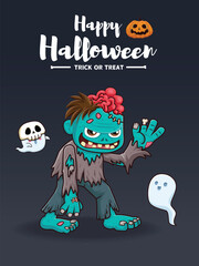 Vintage Halloween poster design with vector witch, ghost, jack o lantern character. 