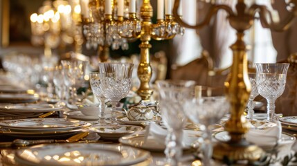 Elegant Dining Table Setup with Crystal and Gold Accents