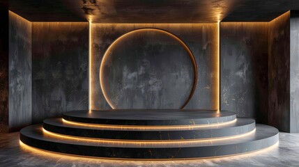 Modern interior with circular feature and ambient lighting, perfect for showcasing products or artistic displays.