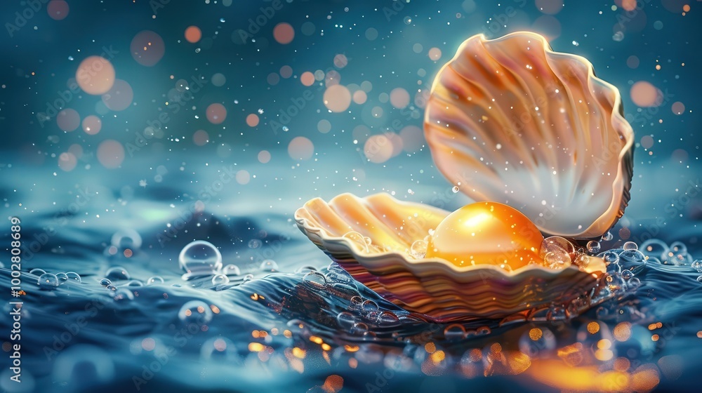 Poster a beautiful pearl gleaming inside an open shell, surrounded by sparkling water droplets creating a s