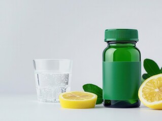 Glass bottle of vitamins with green label on a white table, next to a glass of water and lemon slices, clean health