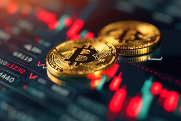 Bitcoin gold coins on digital charts background