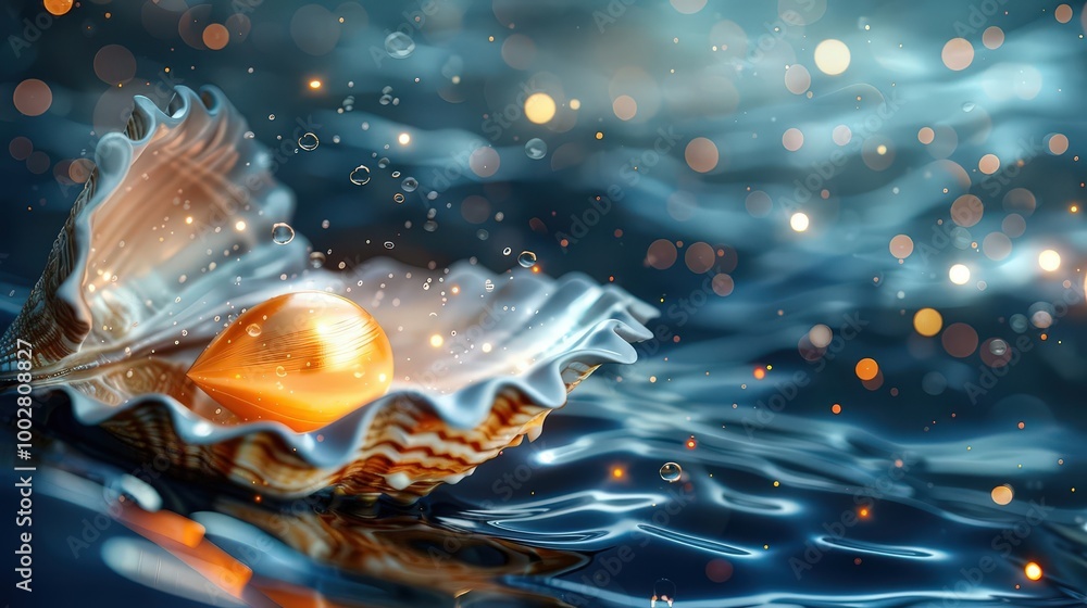 Poster a luminous pearl in an open shell resting on tranquil water, surrounded by shimmering light and gent