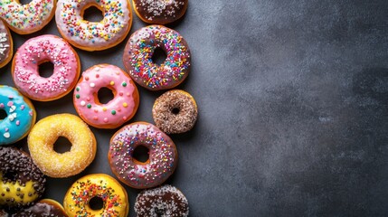 Overhead shot of a variety of donuts with colorful glazes and sprinkles. Copy space.