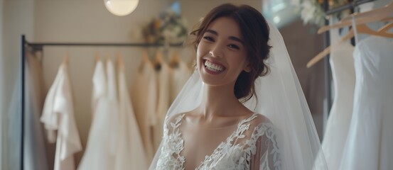 Beautiful smiling girl trying on wedding dress in fitting room. Choosing clothes and preparing for wedding