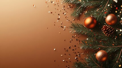 Christmas theme in background, Christmas themed banner background with a border of green fir branches and branches.