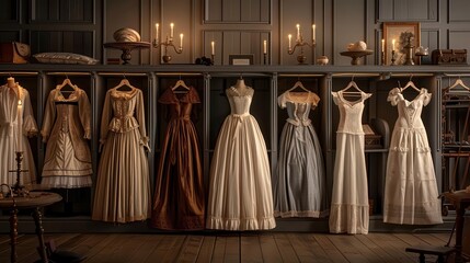 Fototapeta premium Ornate Victorian clothing shop interior, showcasing elegant gowns, bonnets, and gloves, with soft candlelight casting a warm glow, historical fashion, detailed environment